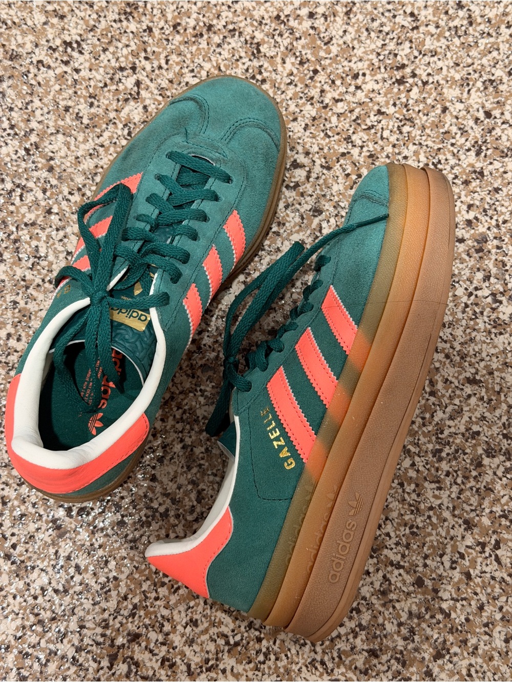 adidas Gazelle Green with Coral Stripes and Gum Sole
